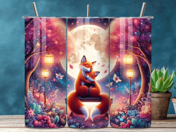 Cute Couple Fox Moon Valentine Tumbler Wrap for Romantic Design Projects