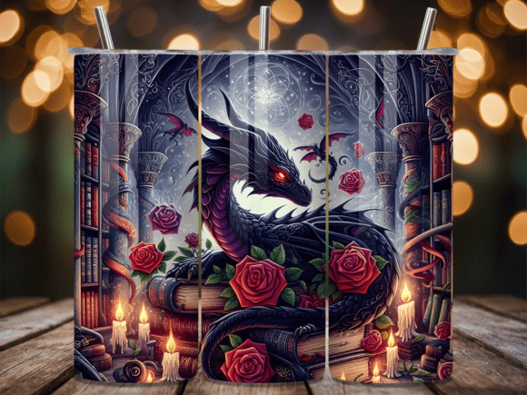 Dragon Librarian Gothic Rose Tumbler Wrap: A Darkly Elegant Design Asset for Creative Projects