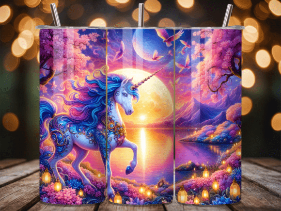 Magical Sunset Unicorn Tumbler Wrap PNG for Creative Marketplace Listings