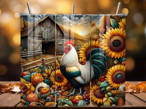 Sunlit Rooster Barn Sunflower Tumbler: A Vibrant Graphic Design Asset for Sellers