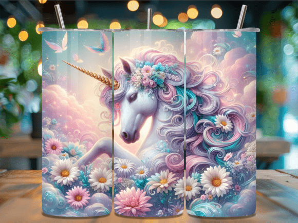 White Peony Daisy Unicorn Tumbler Wrap for Editorial & Web Design